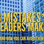 Graphic of office highrises with 3 mistakes leaders make text