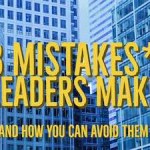 Graphic of office highrises with 3 mistakes leaders make text